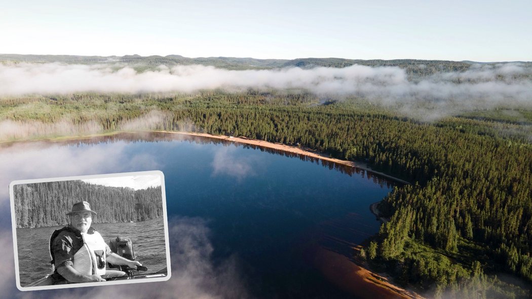 Paysage d'une pourvoirie avec la photo d'un homme à la pêche